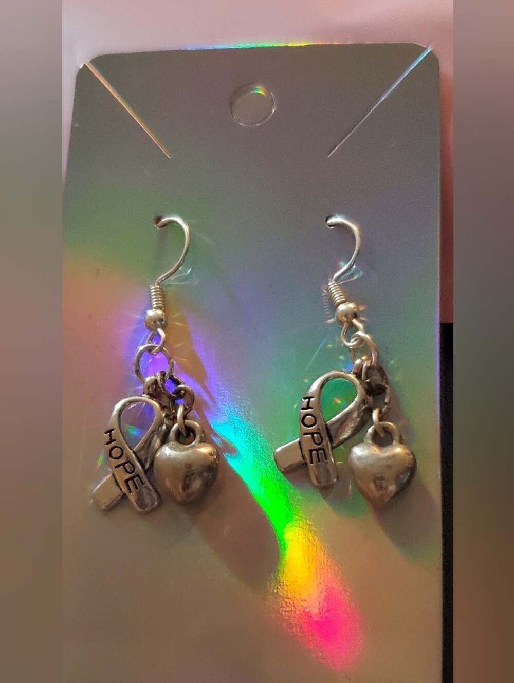 Handmade Upcycled Silver Ribbon HOPE Heart Dangle Earrings
